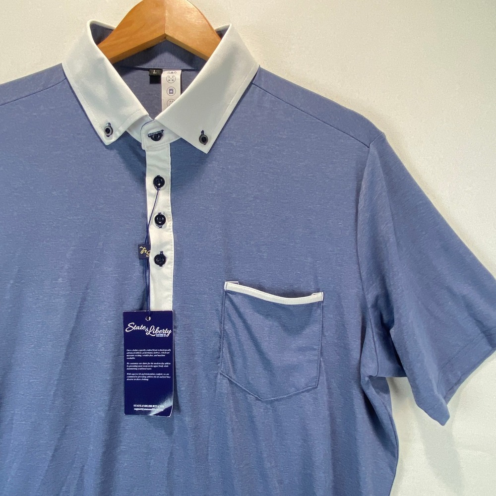 State & Liberty Performance Polo Mens Size L Blue White Trim Athletic Stretch